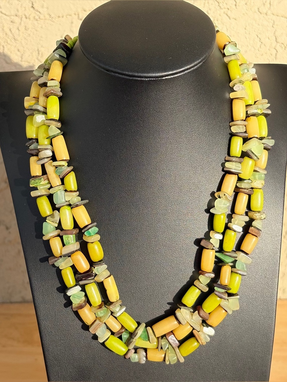 Triple Strand Green Stone Chip Boho Necklace